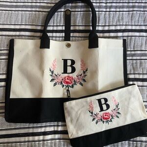 Canvas Floral Monogram Tote & Pouch - Black and Cream with Pink Embroidery
